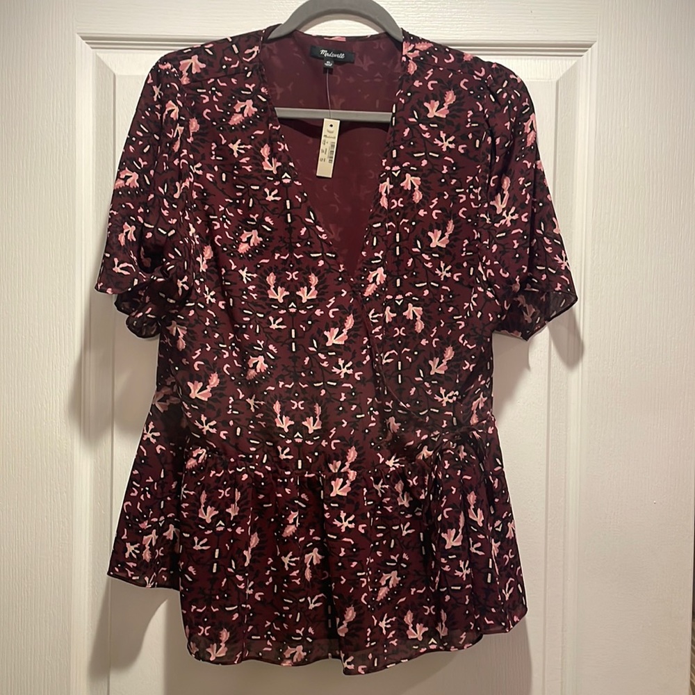 Madewell Maroon/Plum Wrap Top with Flutter Sleeves